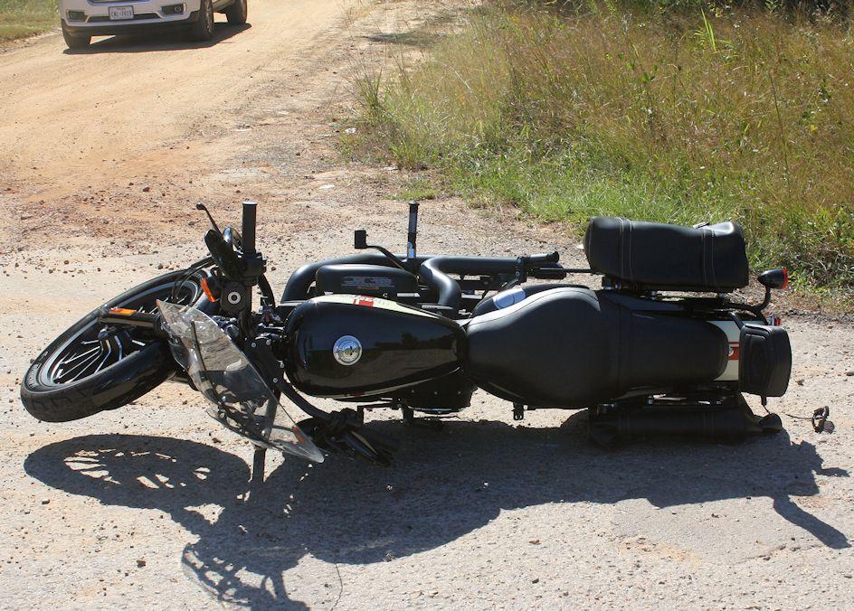 Kerri Shotwell's new Harley Davidson Motorcycle came to rest in the intersection of Wilson Lake Estates Road and Camp Ruby Road.